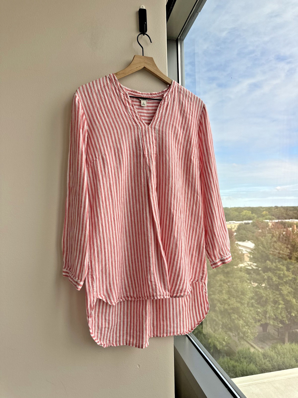 L.L. Bean Red White Striped 100% Linen V-neck Coastal Tunic Sz L